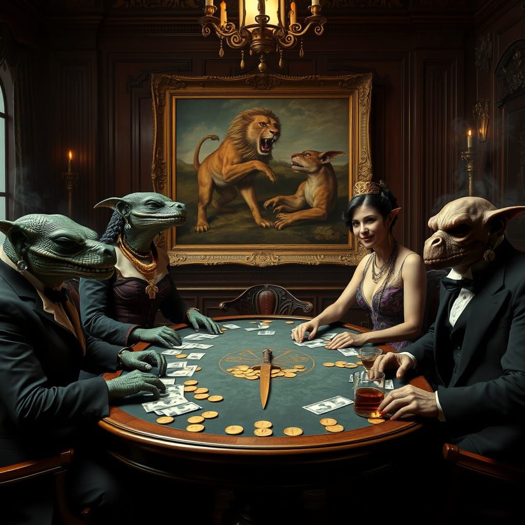 Victorian Reptilian Poker Game with Goblins and Lions