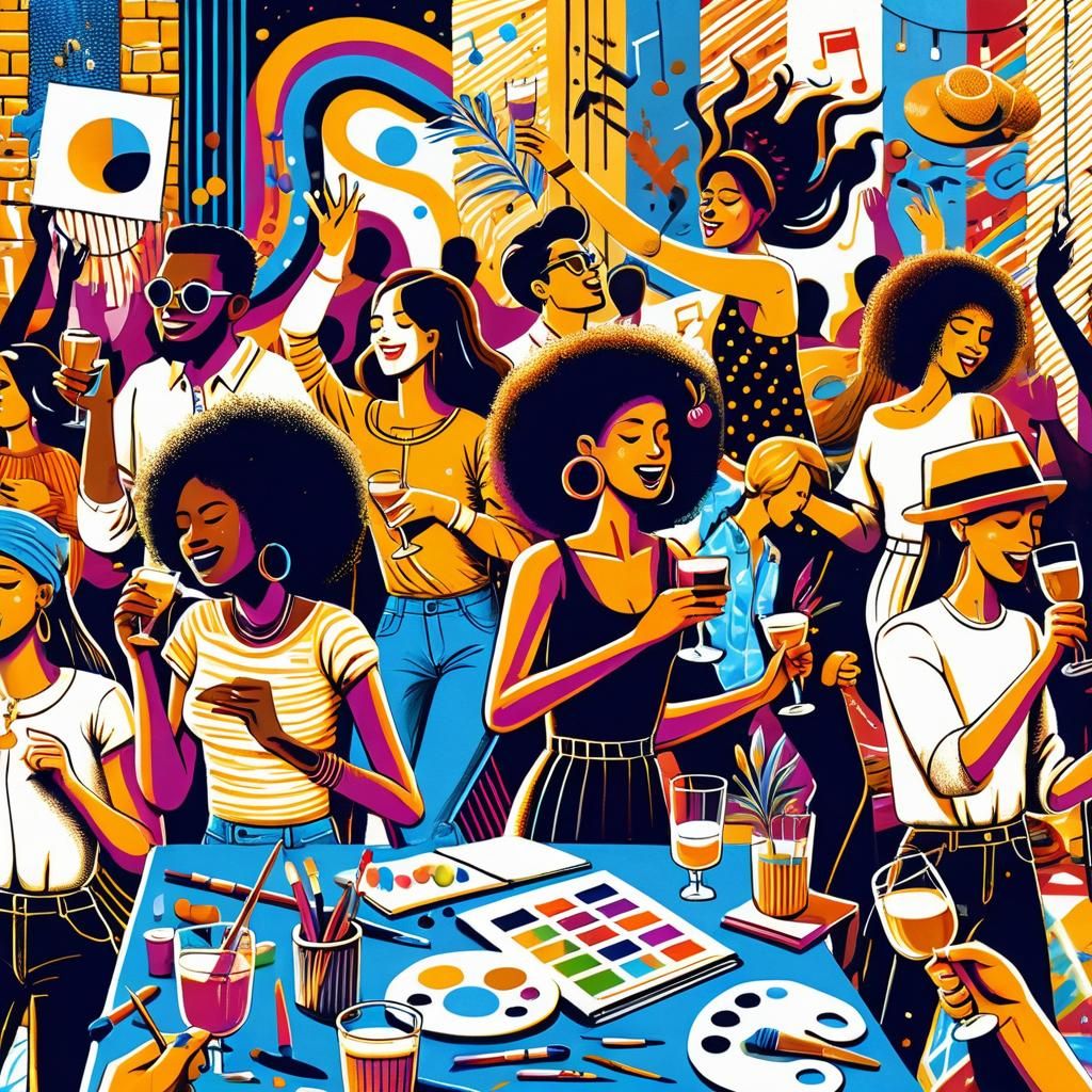 A vibrant and lively artwork capturing the essence of a fun and creative gathering at a Saturday night art party