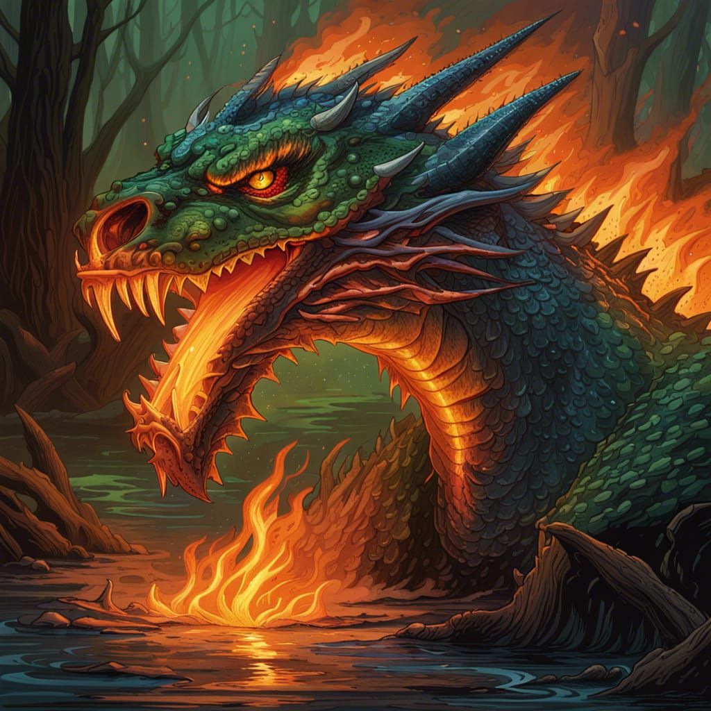 Fiery Swamp Dragon in Comic Book Style
