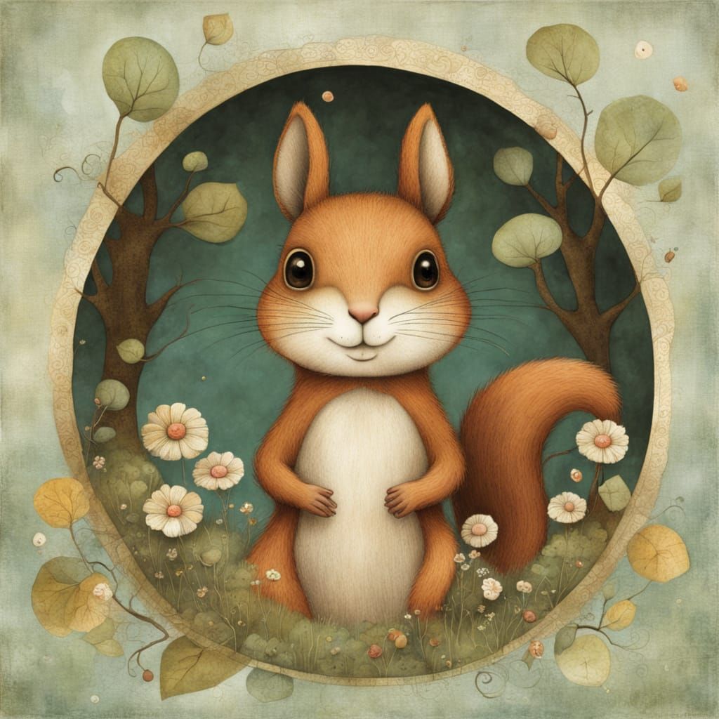 Mischievous Squirrel Whimsical Folk Art Illustration