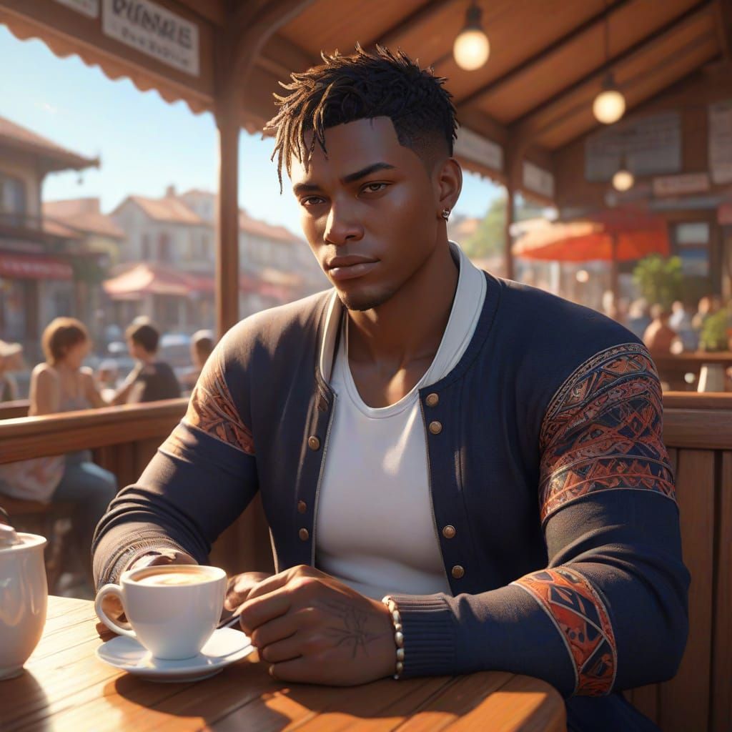 Muscular Black Man in Cozy Café Scene, Anime-Inspired