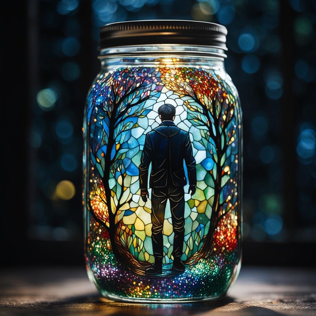 Stained Glass Figure in Jar: Hyperdetailed Digital Art