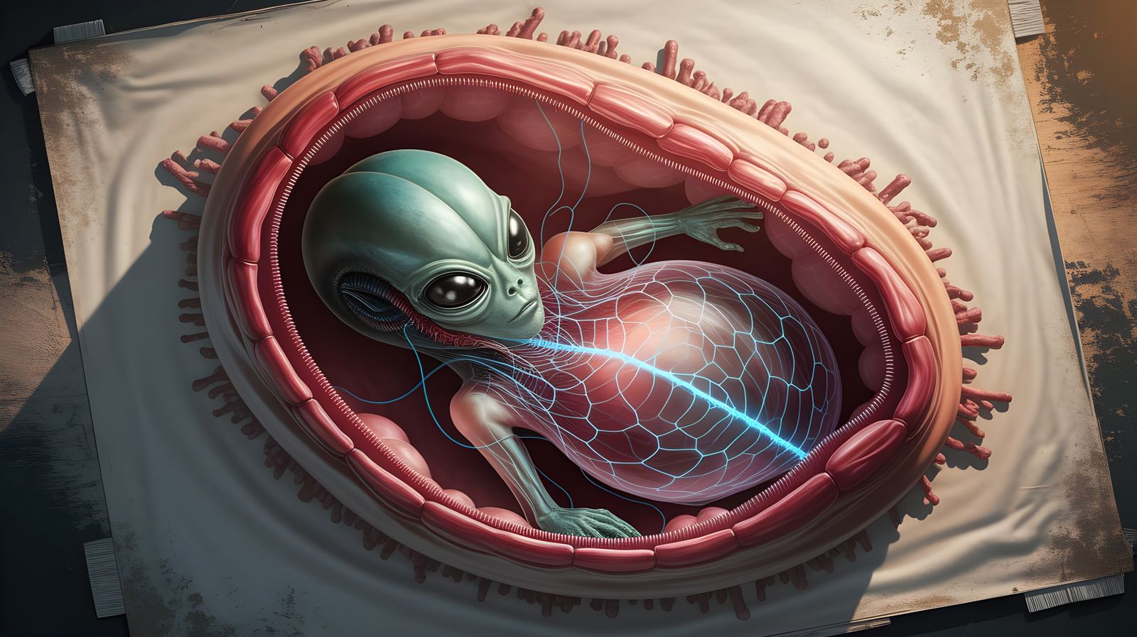 Surreal Alien Embryo Dissection in Realistic Cyberpunk Style