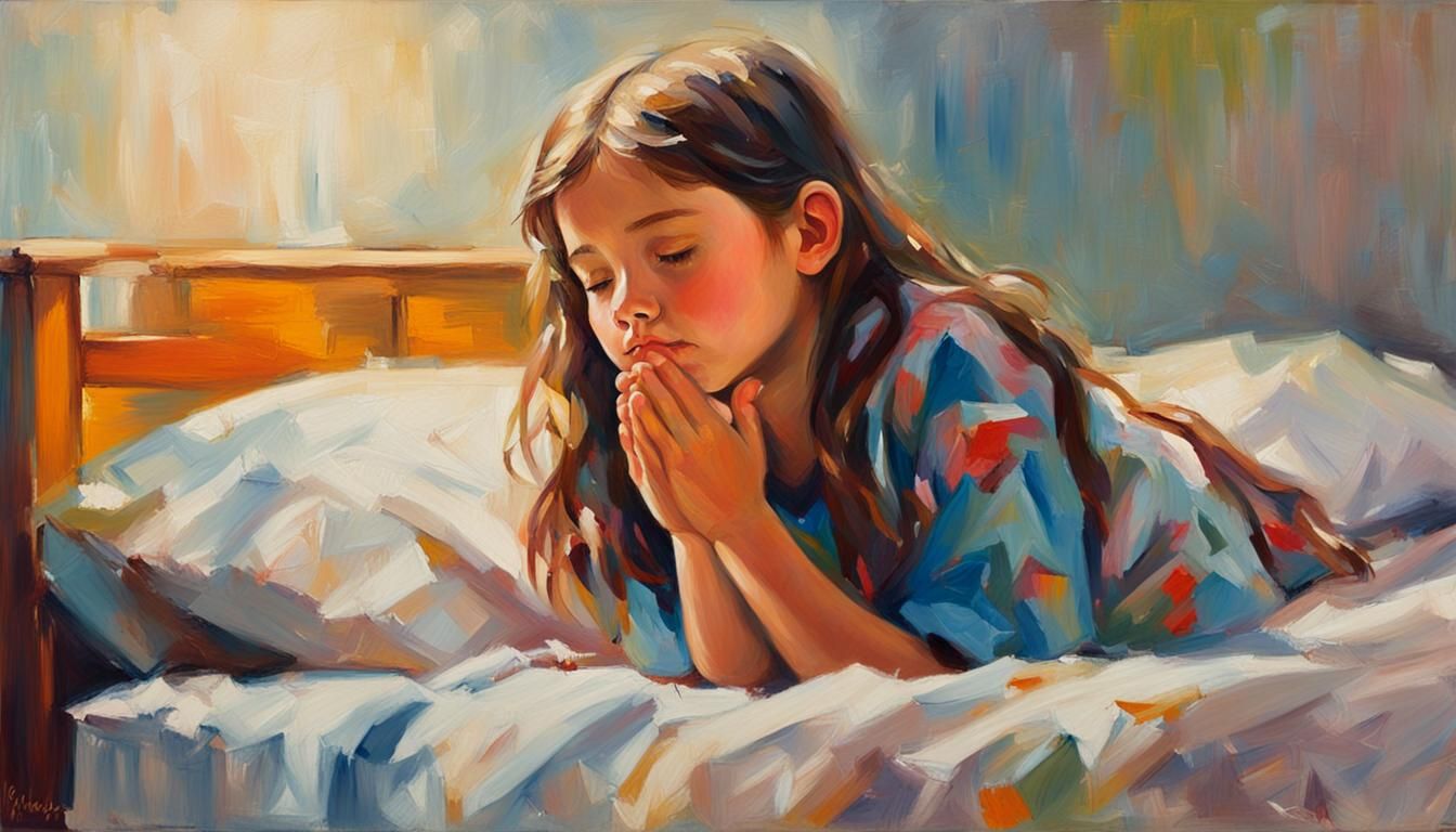 Young Girl Praying: Impressionist Oil Painting