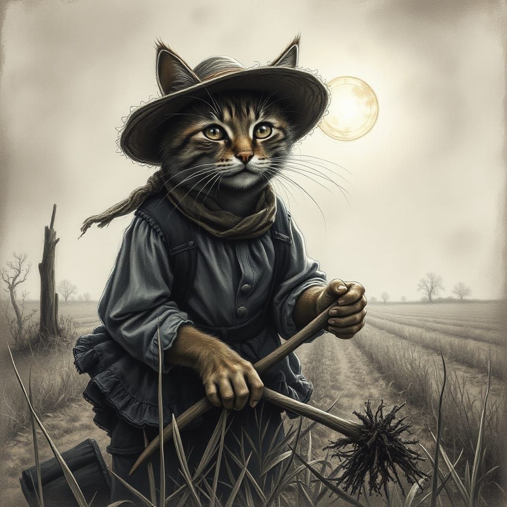 Peasant Cat Hoeing Field: Charcoal Drawing in 19th Century I...