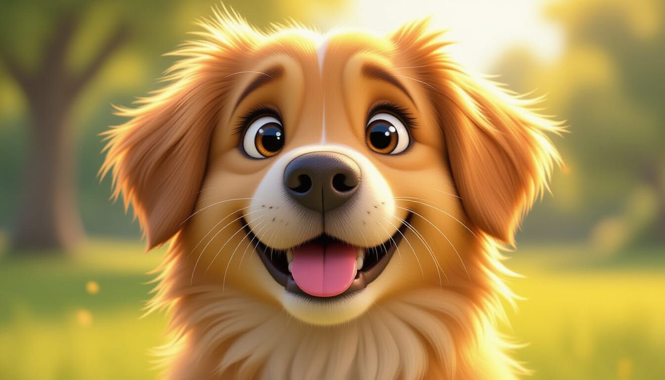Fluffy Golden Retriever's Pleading Eyes in Sunlit Park