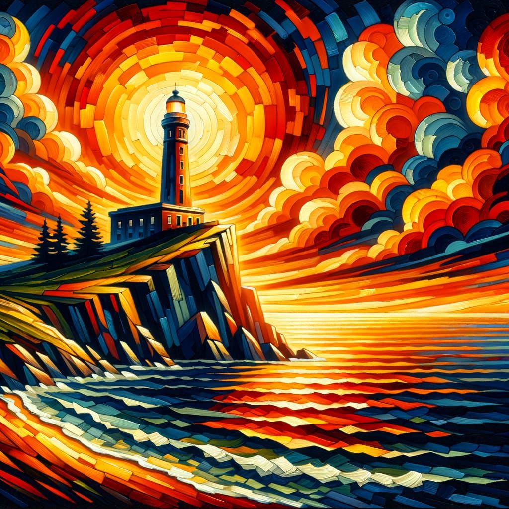 Art Deco Sunset Coastal Scene with Lighthouse