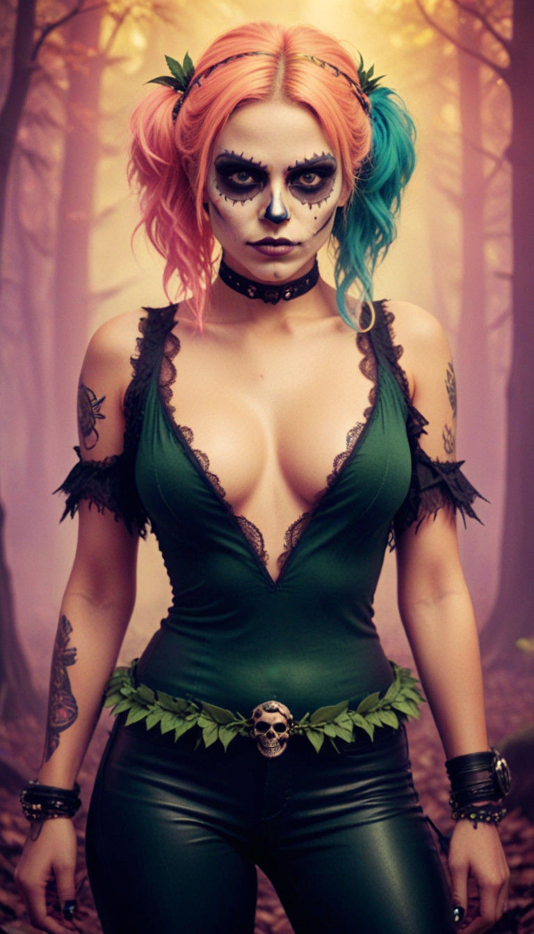 Punk Chic Skeleton Woman with Green Eyes in a Dark Forest