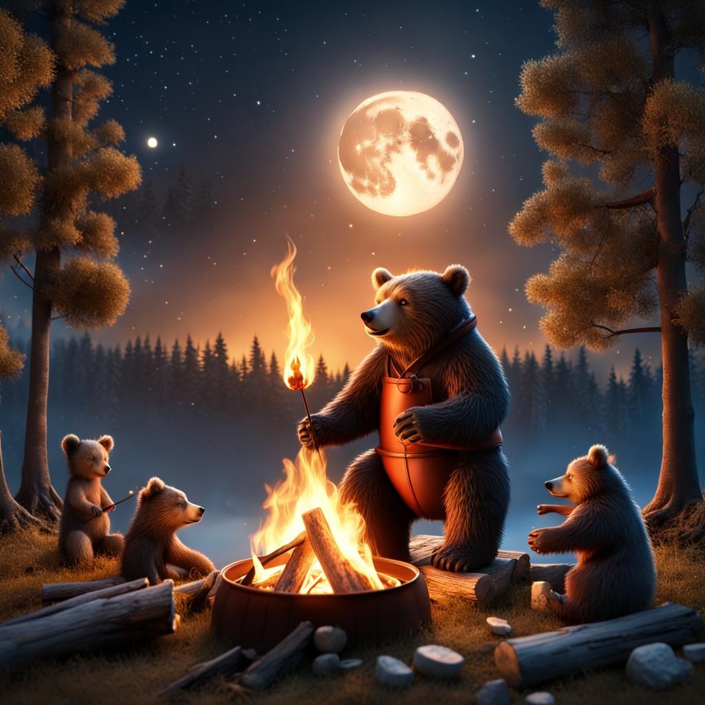 Bear Roasting Marshmallows: Whimsical 8K Photo