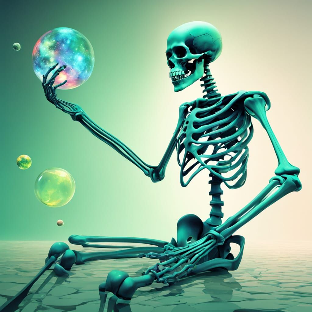 Surreal X-Ray Skeleton Photographer in Cosmic Astral Setting