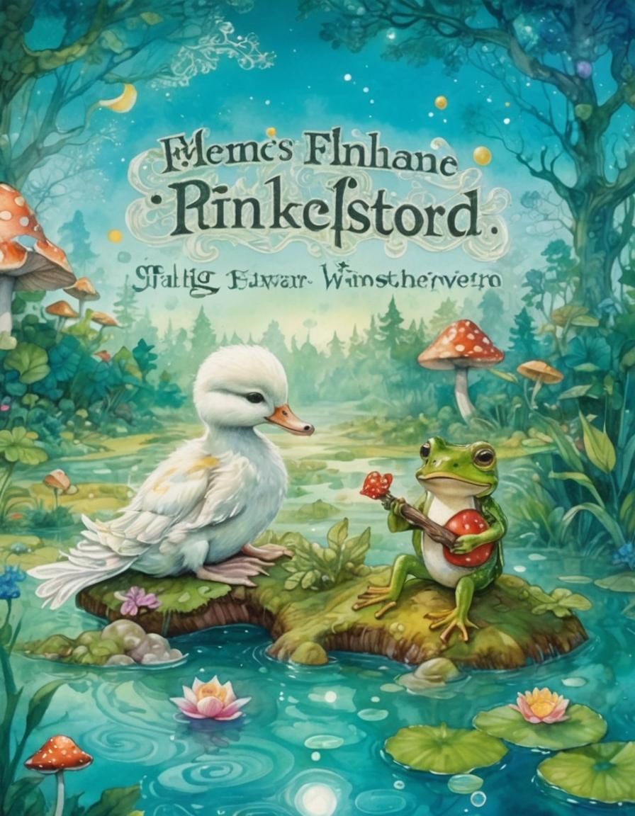 Duckling and Frog Fantasy Art in Watercolor Style