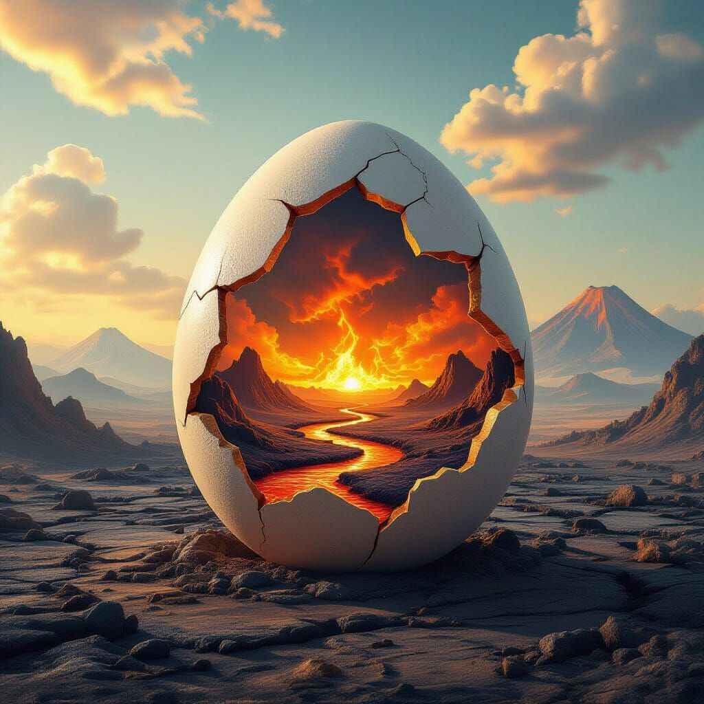 Cracked Eggshell Reveals Fiery Surreal Landscape