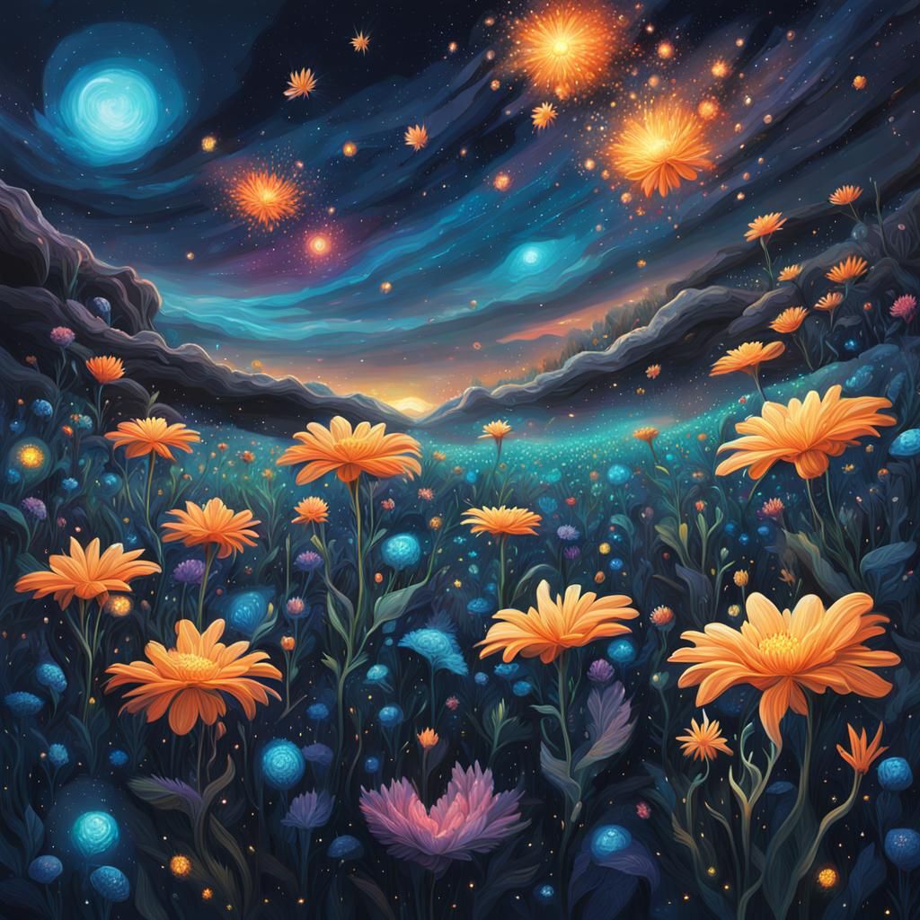 Bioluminescent Galactic Flowers in a Starry Field