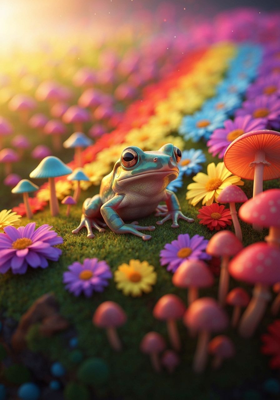 Frog in Lush Garden with Iridescent Fantasy Art