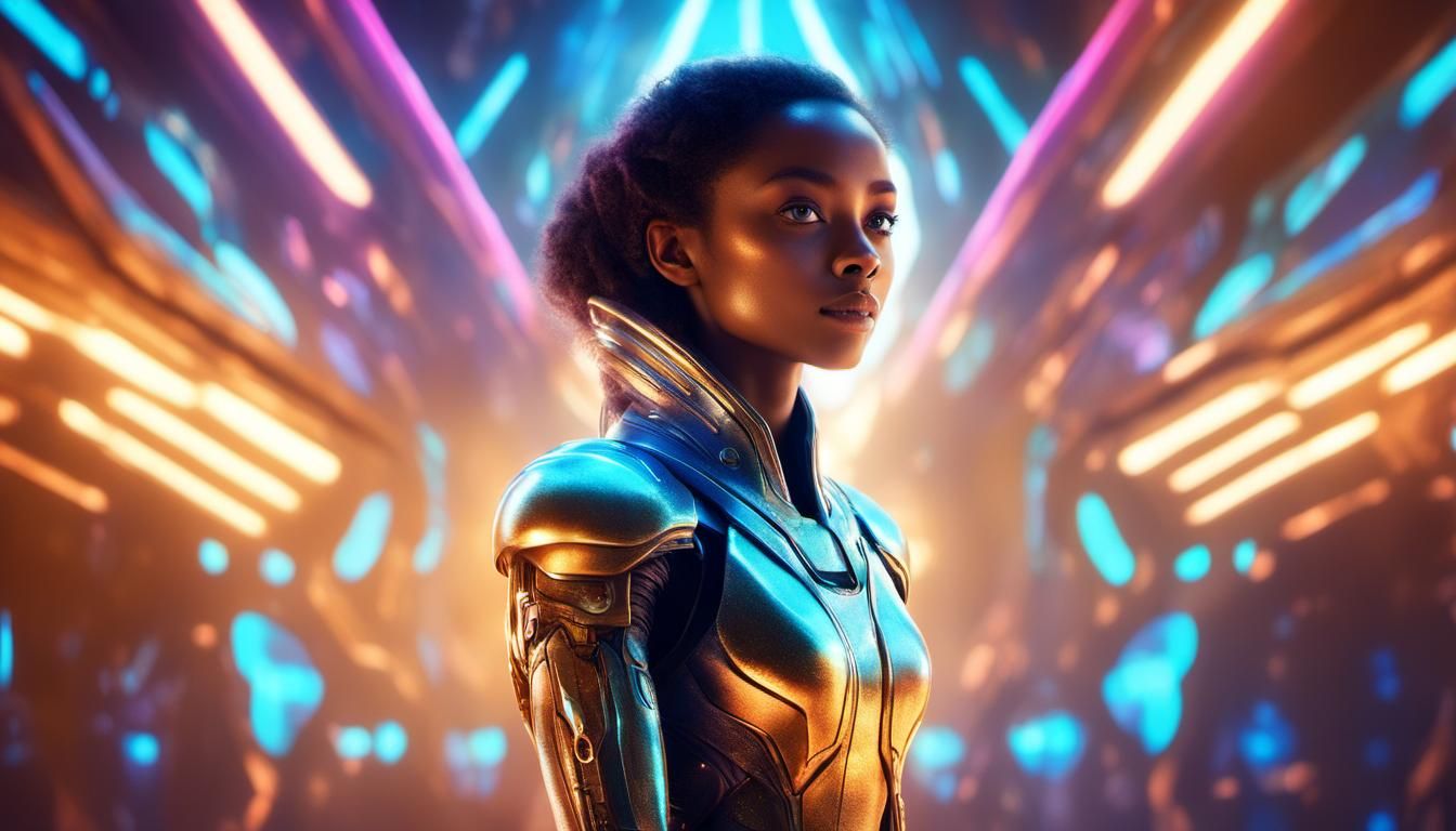 Ethereal Female Alien Amidst Glowing Spaceship Glow