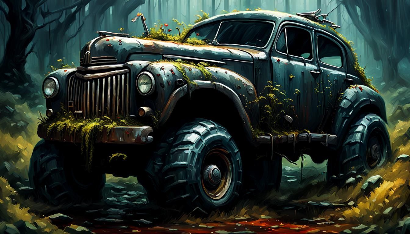 Apocalyptic Junk Car Art in Dark Surrealism Style