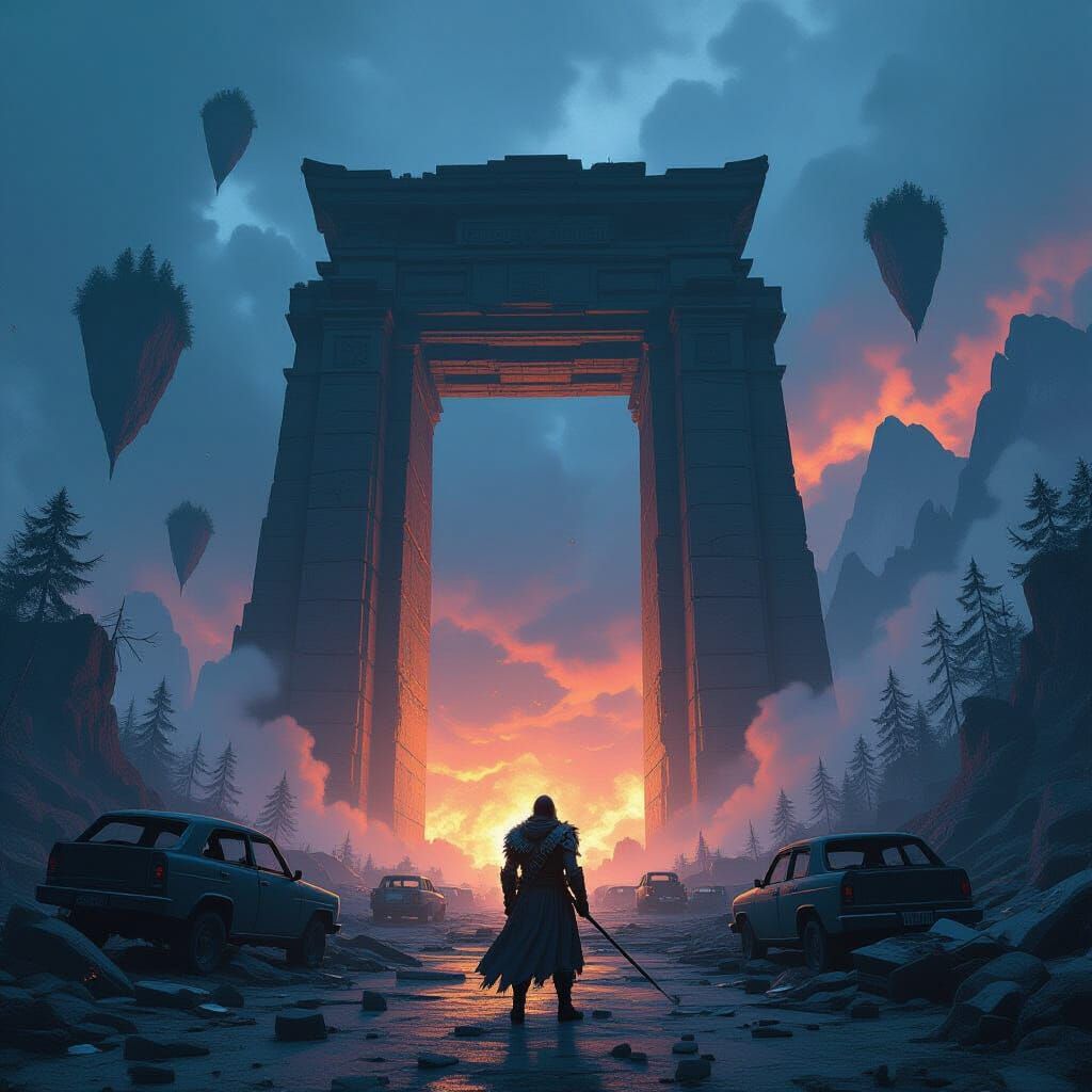 Hero at Ancient Gate Under Stormy Sky