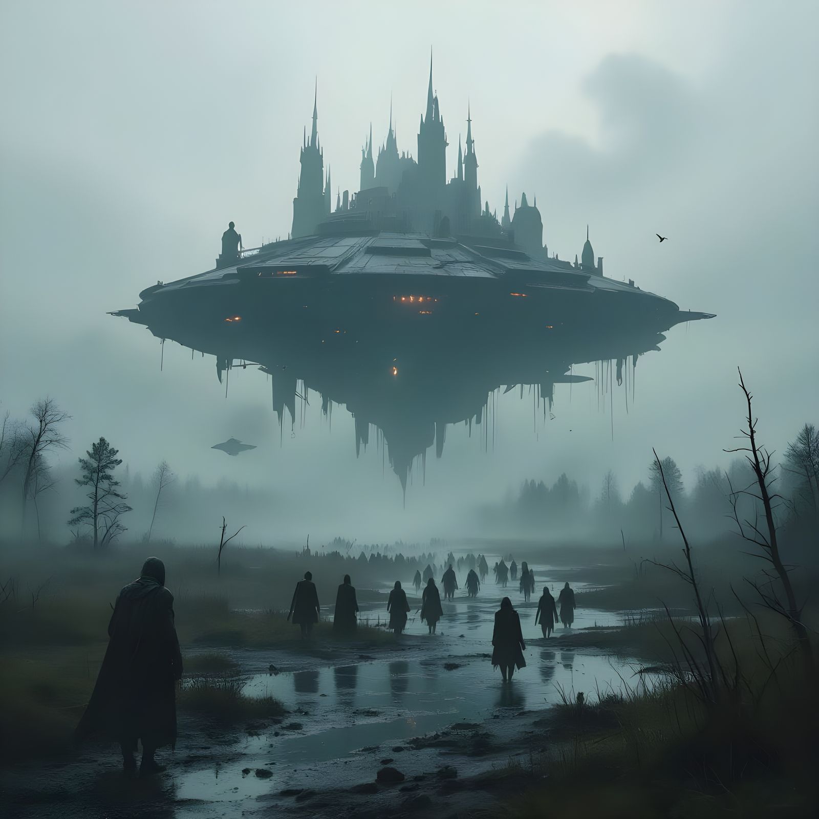 Necro Fortress Over Swampland in Cinematic Style