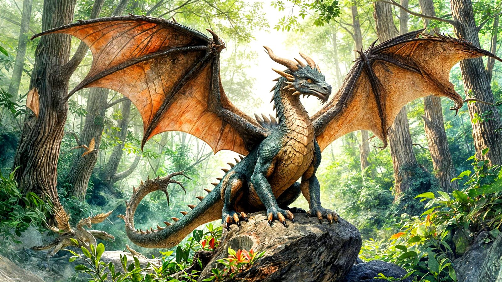 Majestic Dragon in Watercolor Forest Clearing