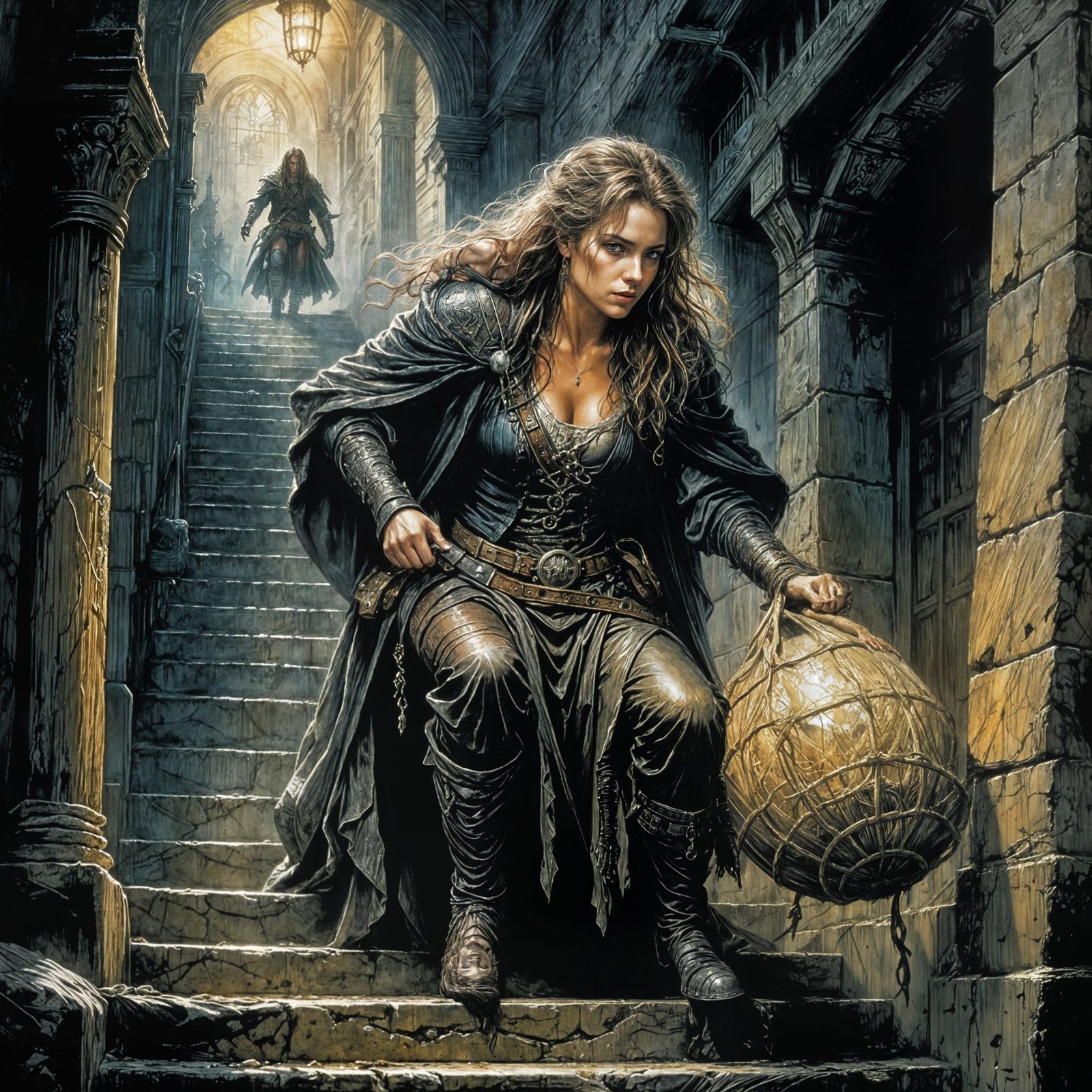 Exhausted Adventurer Climbs to Light in Dark Fantasy Art