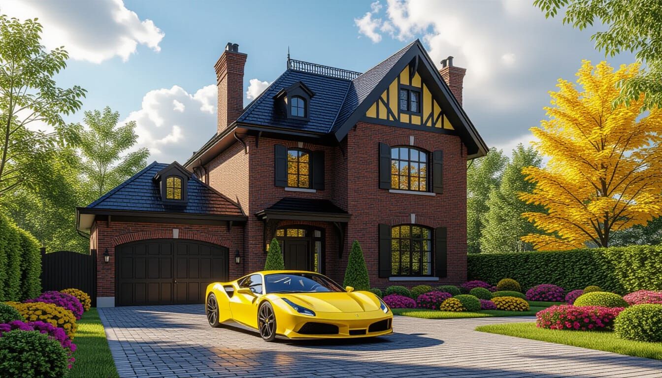 Victorian Chateau With Yellow Ferrari in Vibrant Garden