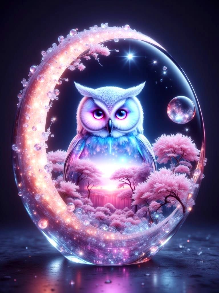 Pastel Glass Owl in Surreal Dreamscape