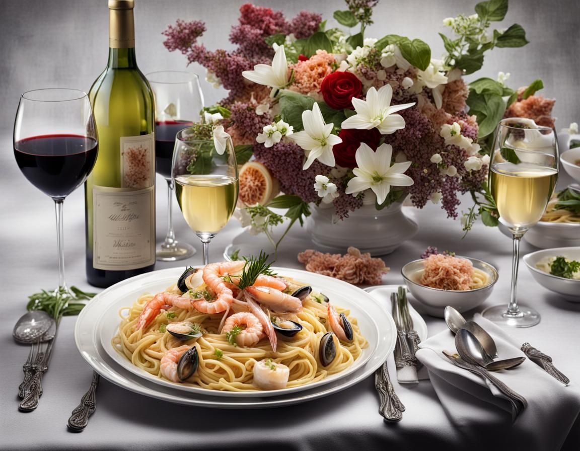 Elegant Seafood Pasta with Wine and Flowers