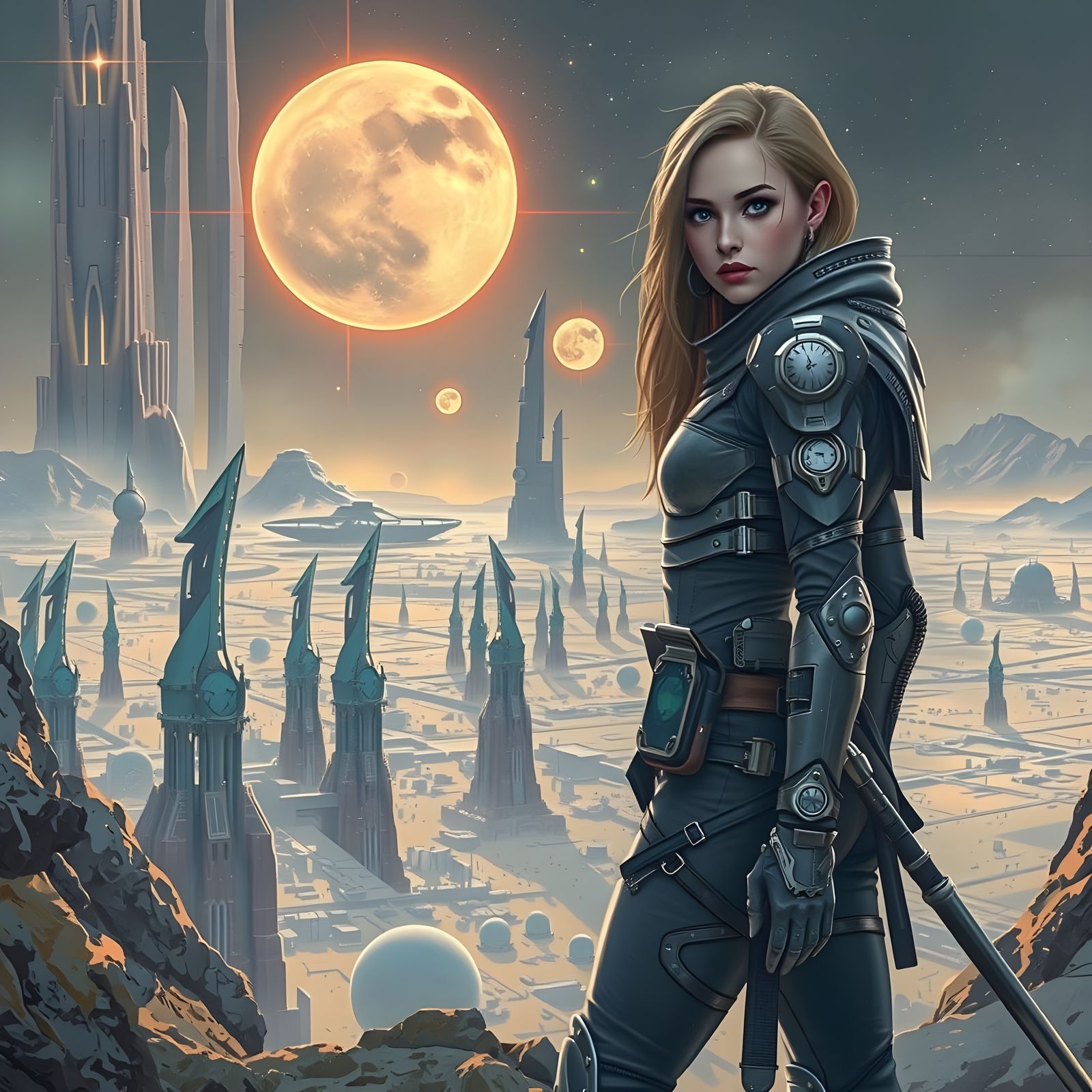 Futuristic Wanderer Overlooking Alien City in Digital Art