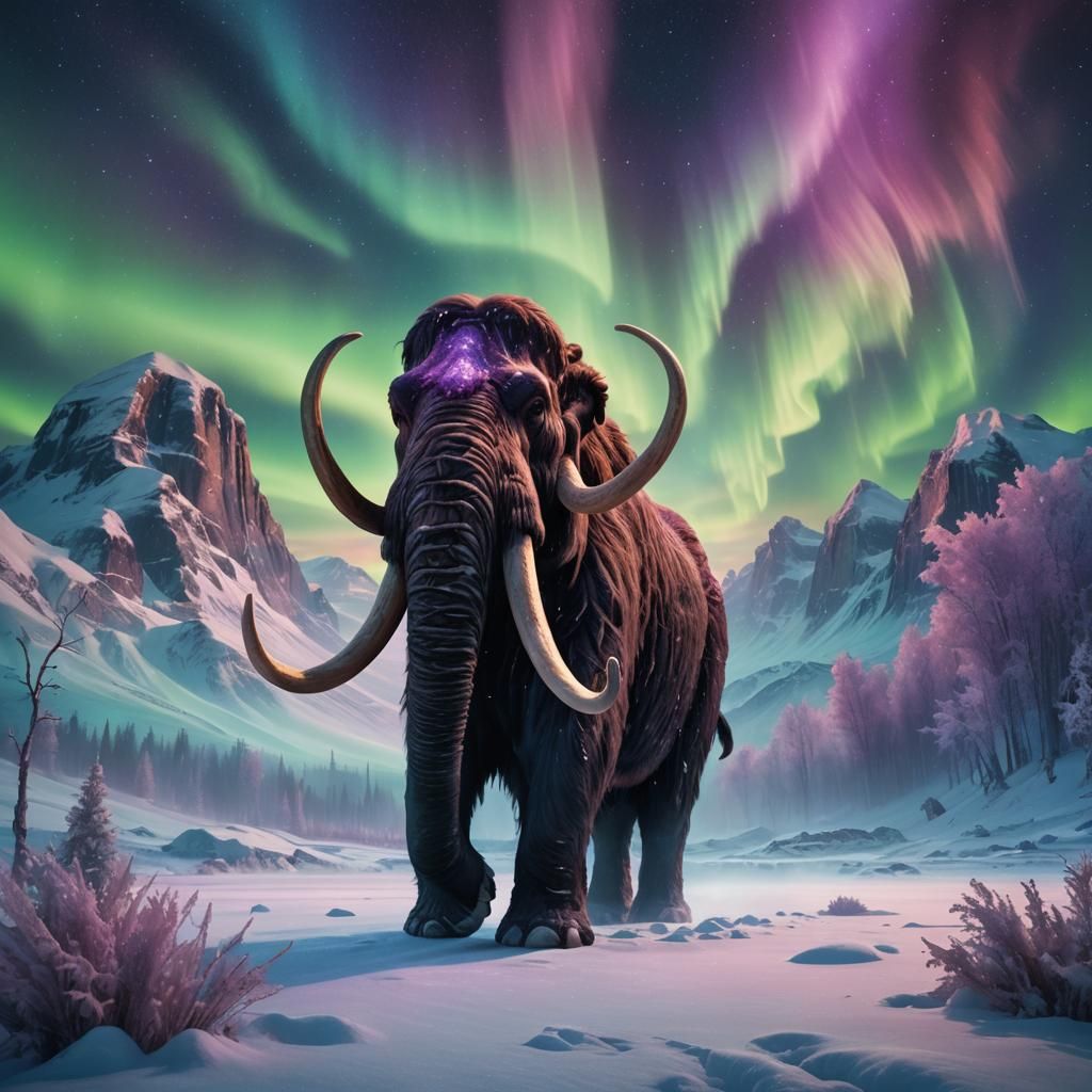 Woolly Mammoth Under Aurora Borealis in Fantasy Art Style