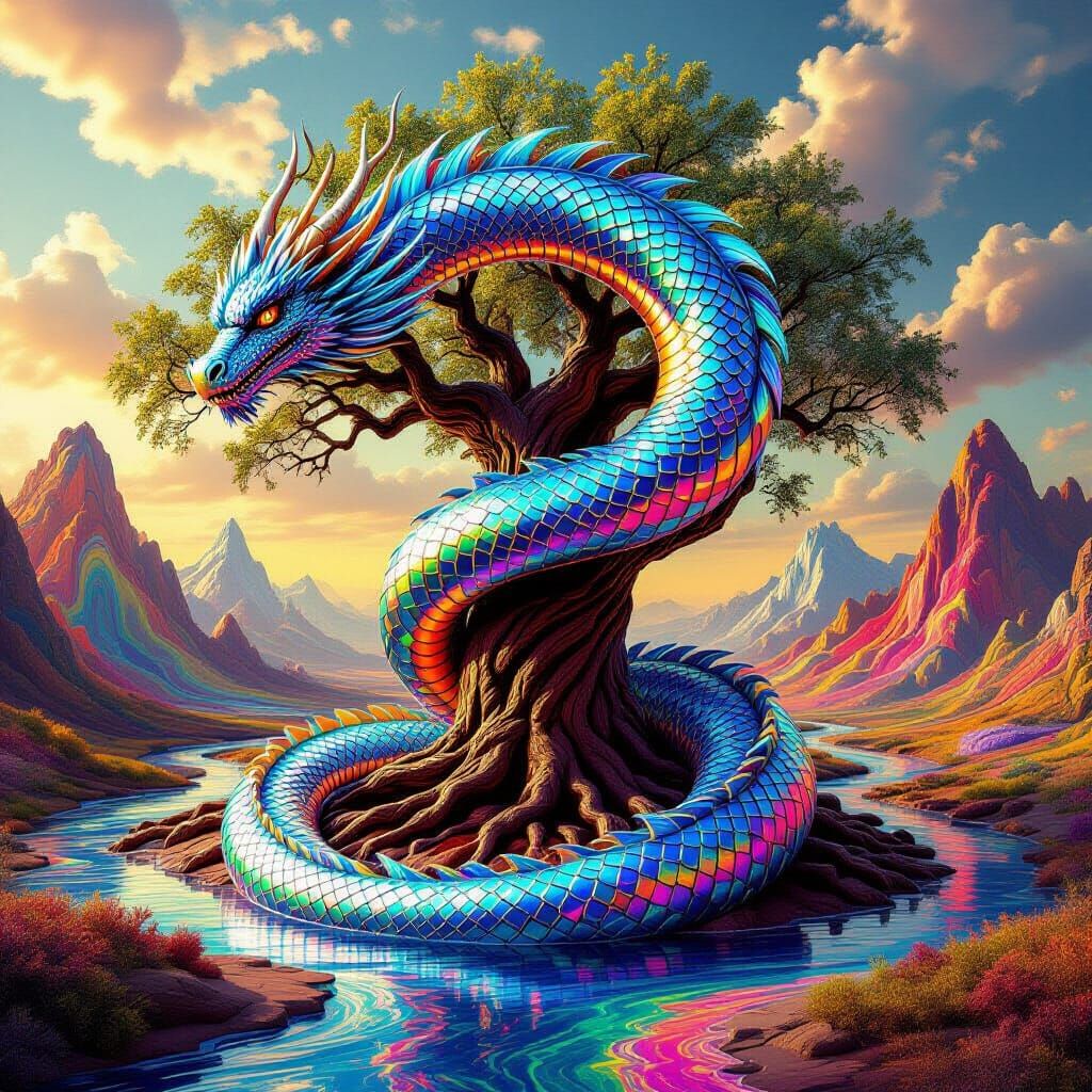 Mercury Dragon Coils Around Chocolate Tree in Surreal Landsc...