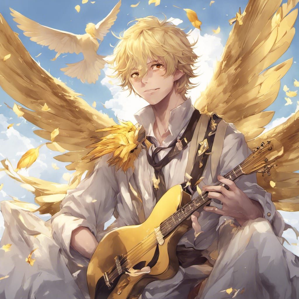 Blonde Fairy Bard with Golden Wings in Anime Style