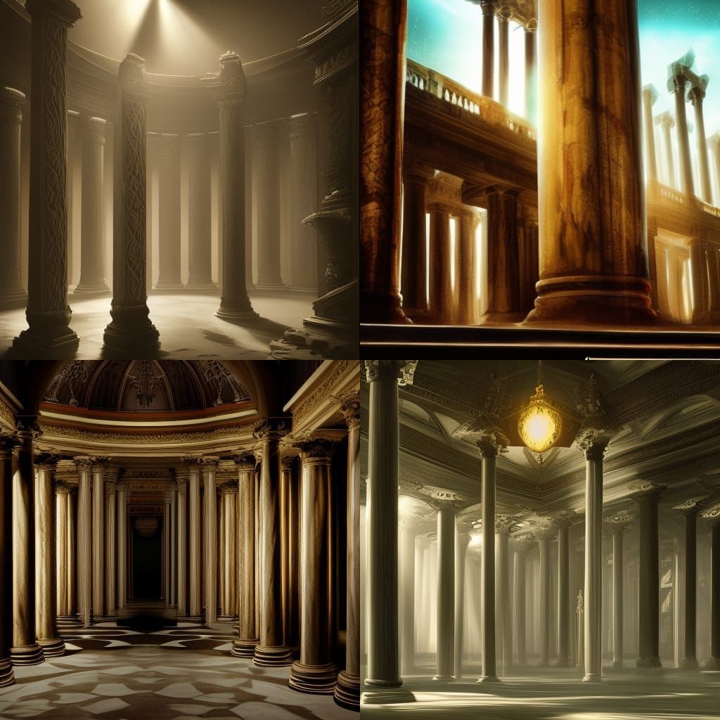 Epic Battle Scene with Illuminated Columns