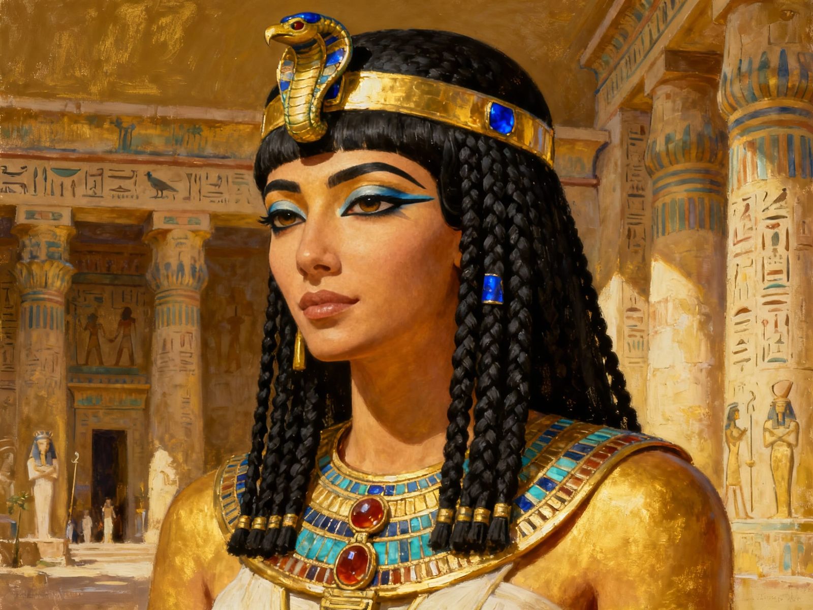 Elegant Pharaoh Era Egyptian Woman in Golden Headdress