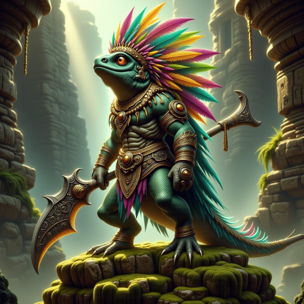 Aztec Lizard Warrior on Temple Pyramid