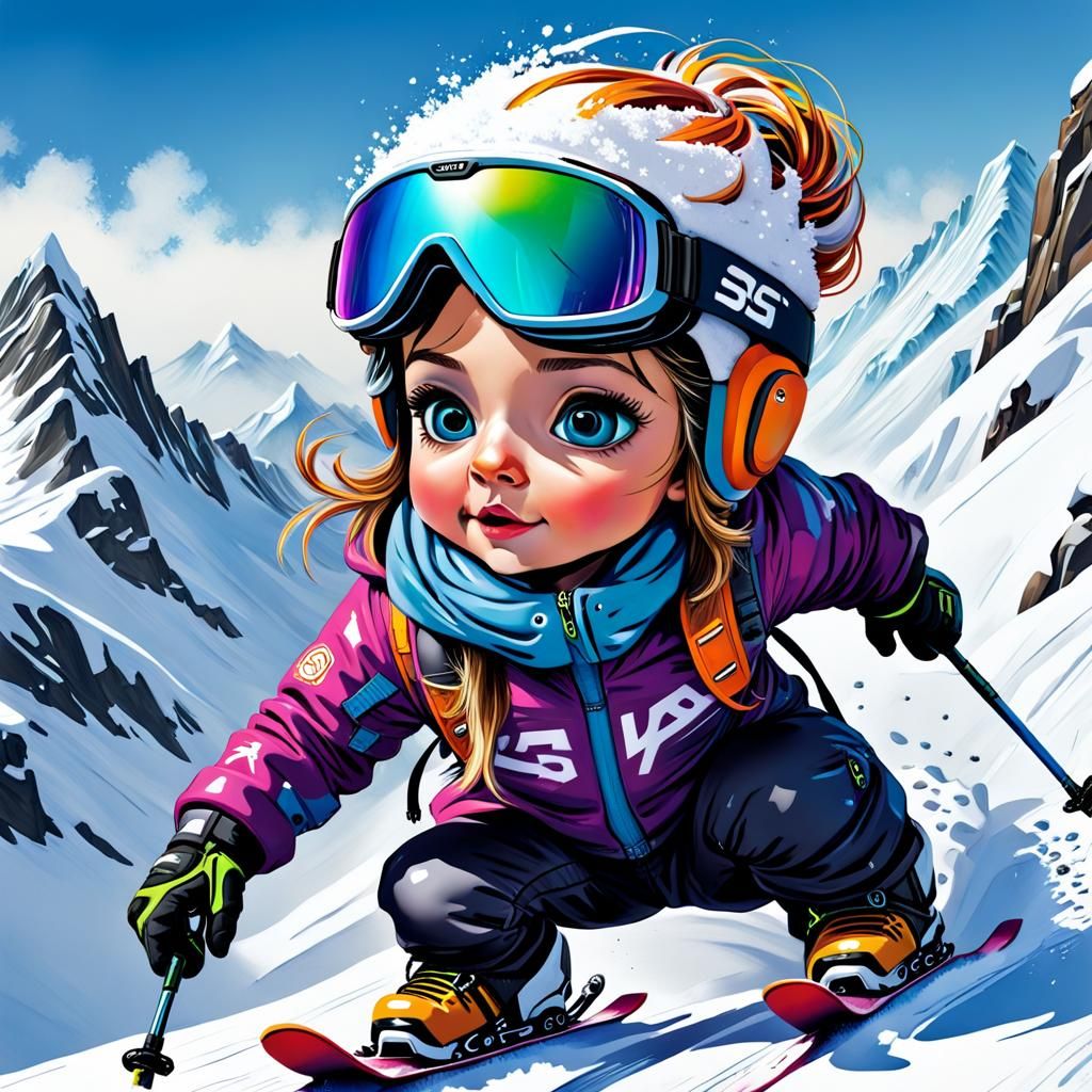 Hyperrealistic Toddler Skis Down Snowy Mountain