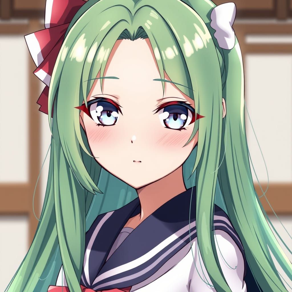 Anime Girl with Green Hair and White Eyes