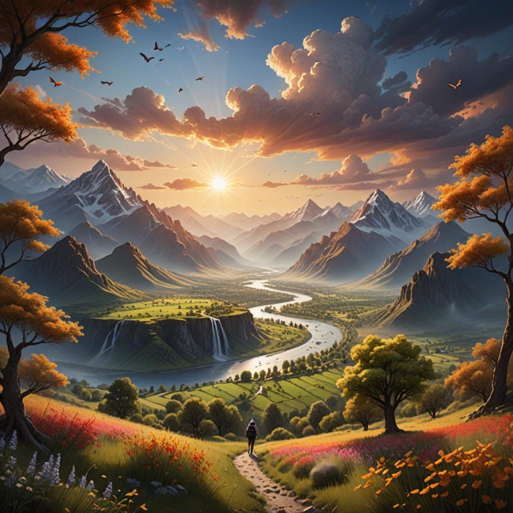 Tranquil River Valley at Sunset: Matte Painting