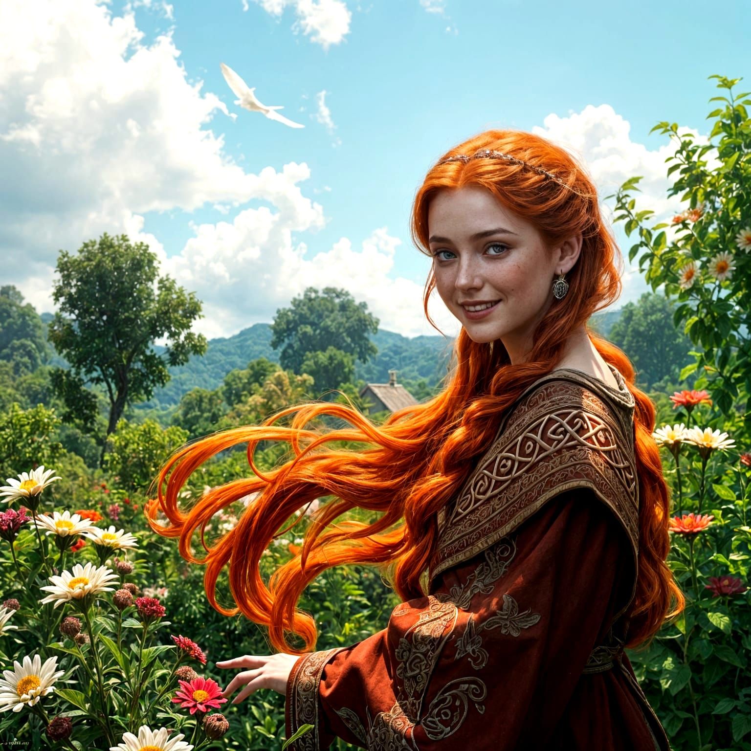 Celtic Woman Amidst Vibrant Garden Blooms