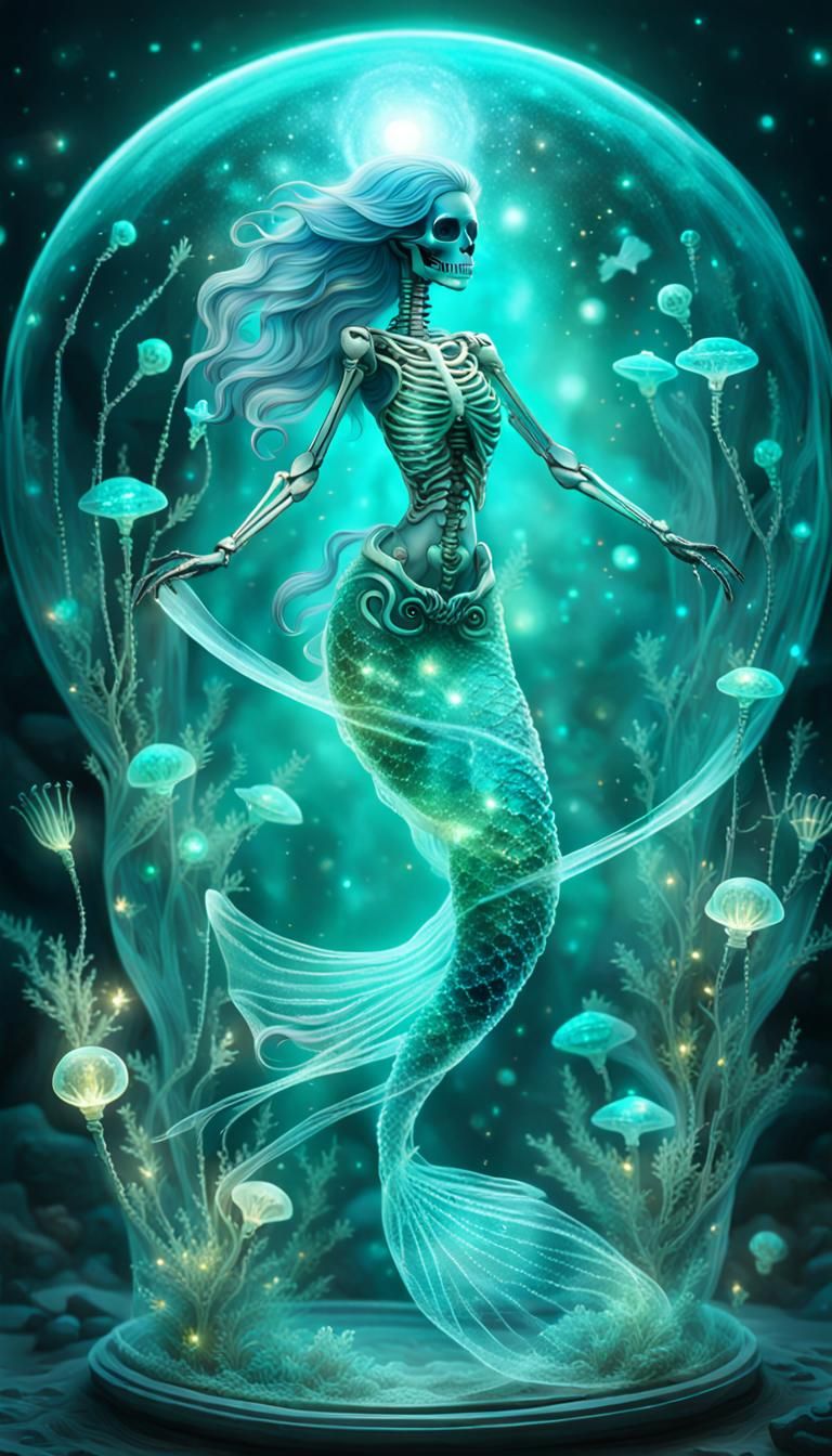 beautiful crystal transparent skeleton mermaid in a bioluminescent teal colour