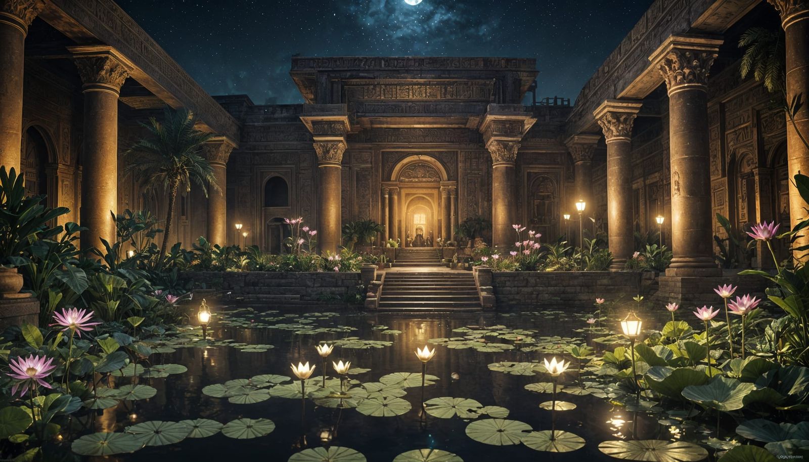 Egyptian Palace Garden at Night in Dark Fantasy Style