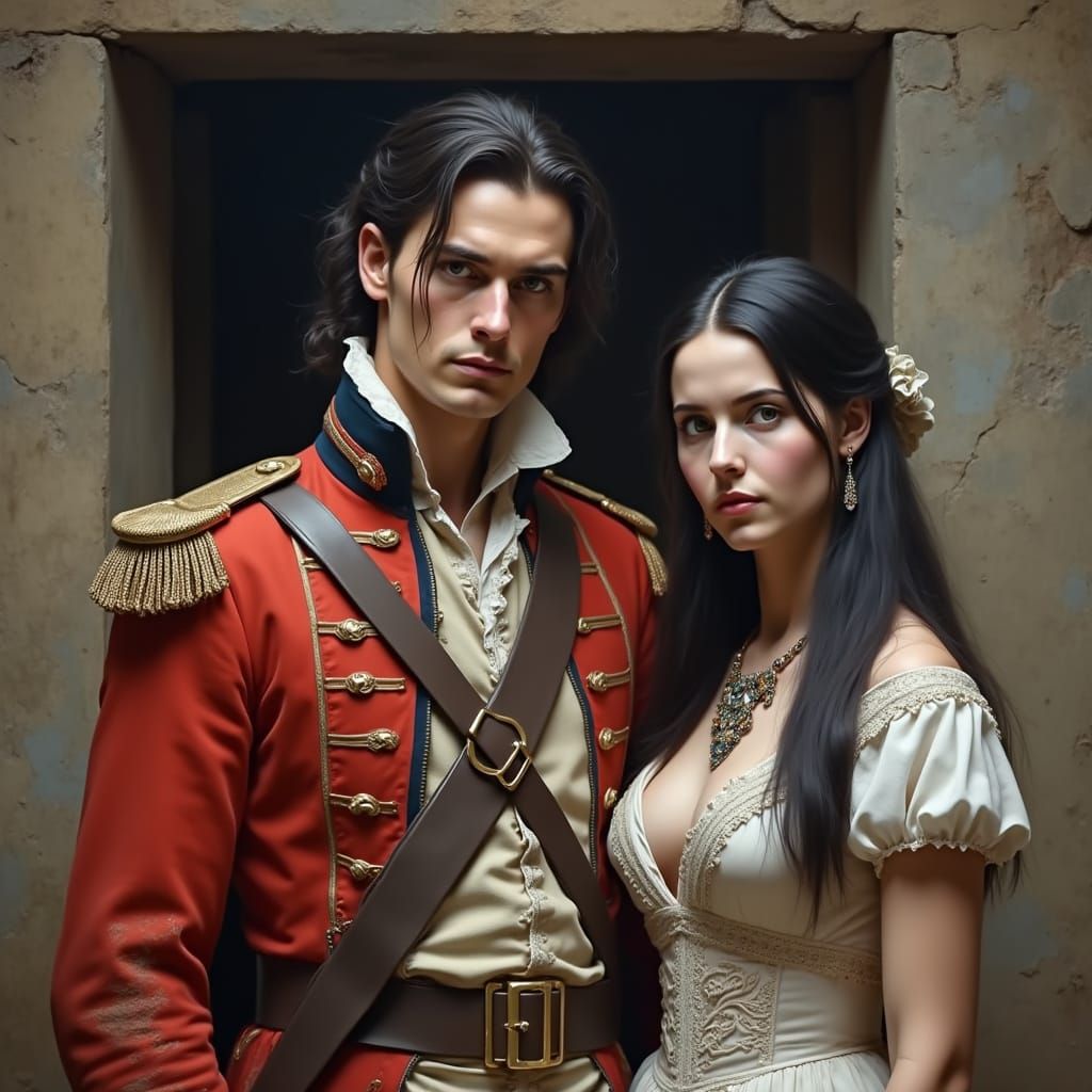 Napoleonic Soldier with Lady, in Dramatic Oil Painting Style