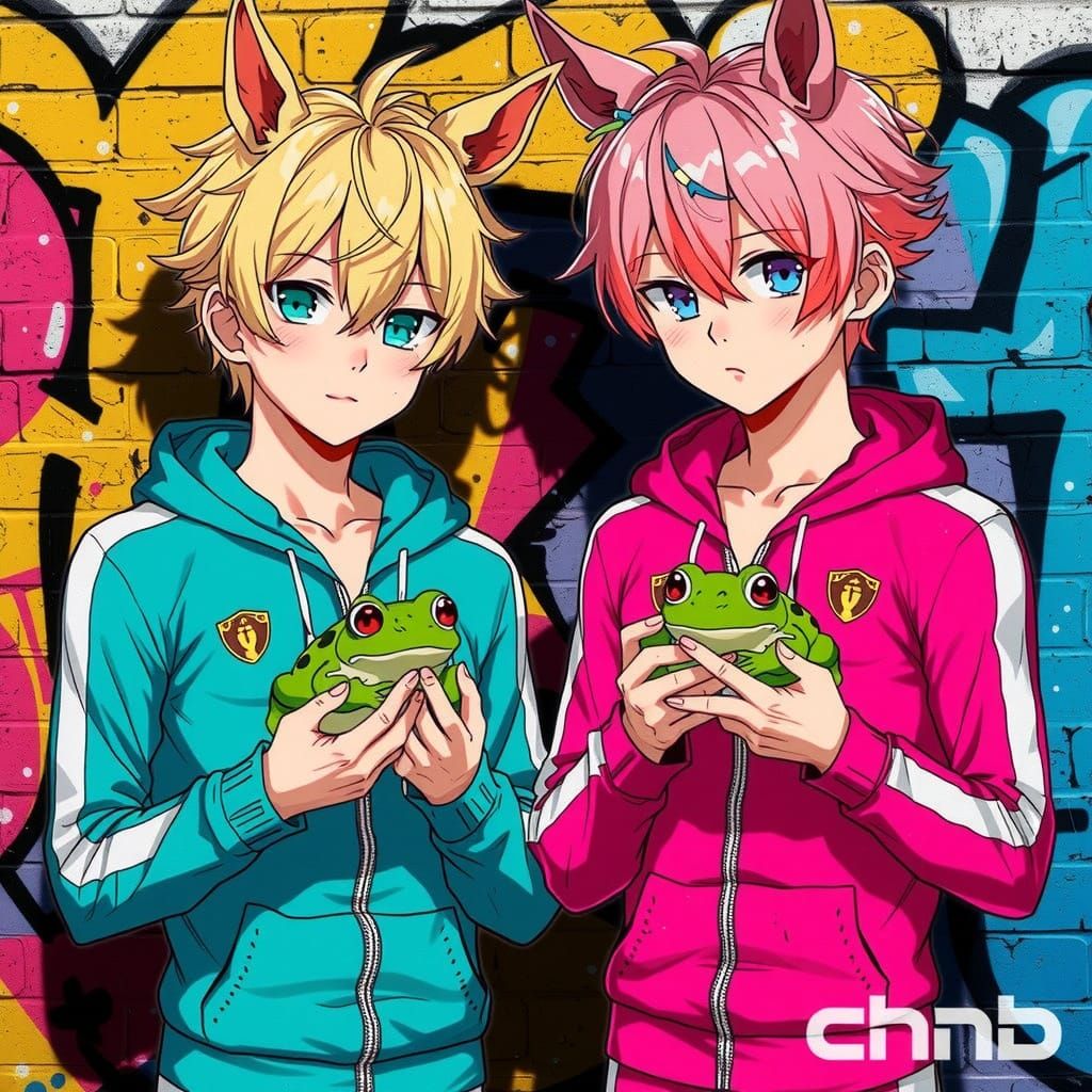 Anime Boys with Horses and Frogs in Pastel Colors