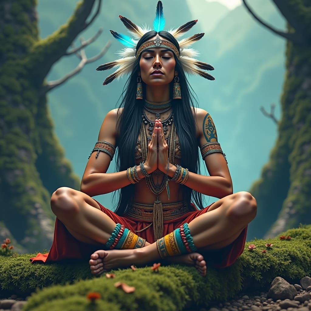 Native American Woman Meditating with Chakra Energy