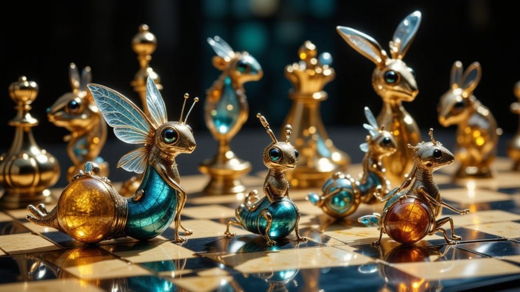 Whimsical Macro-Creatures on Art Deco Chessboard