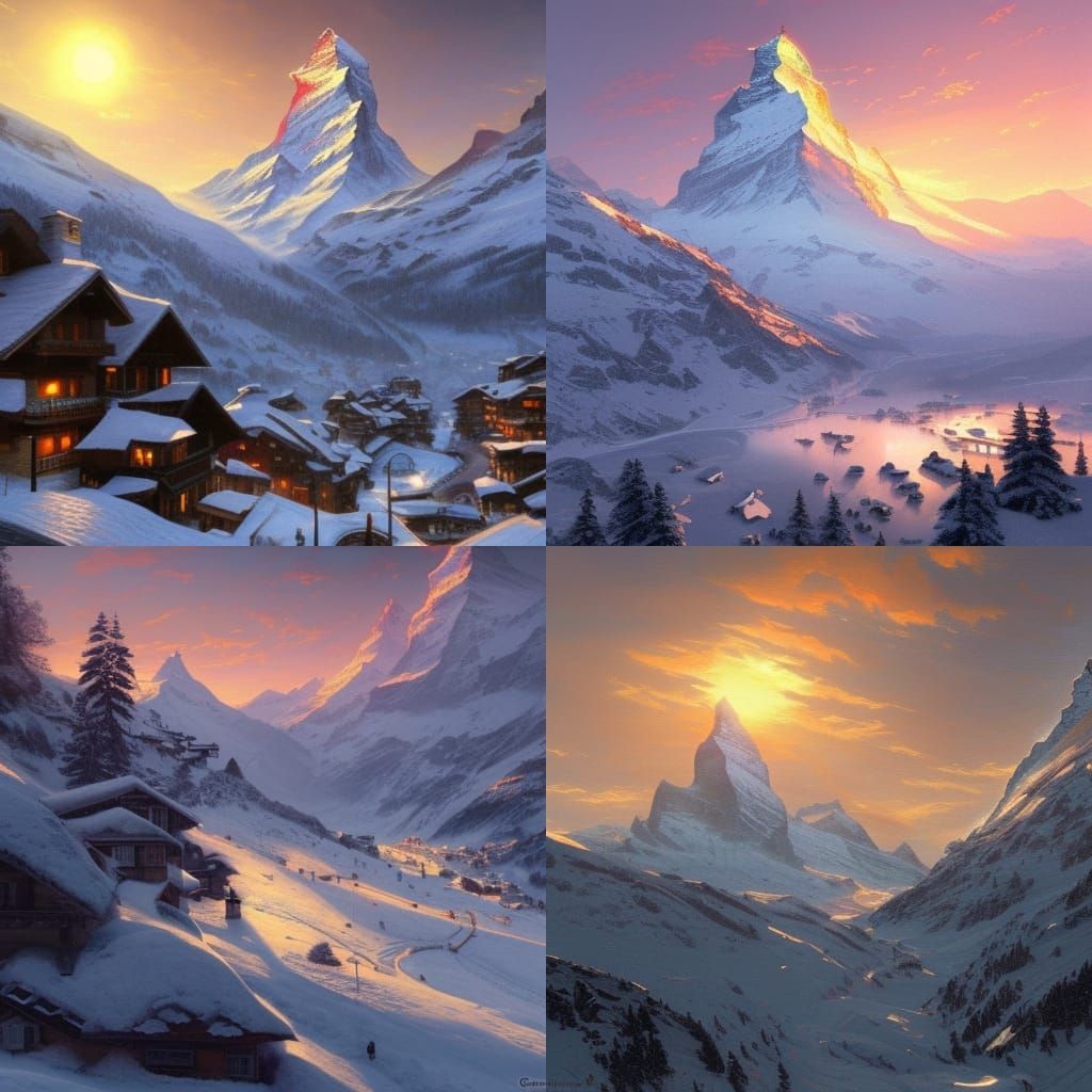 Zermatt Winter Sunset: Kinkade-Inspired Mountain Art