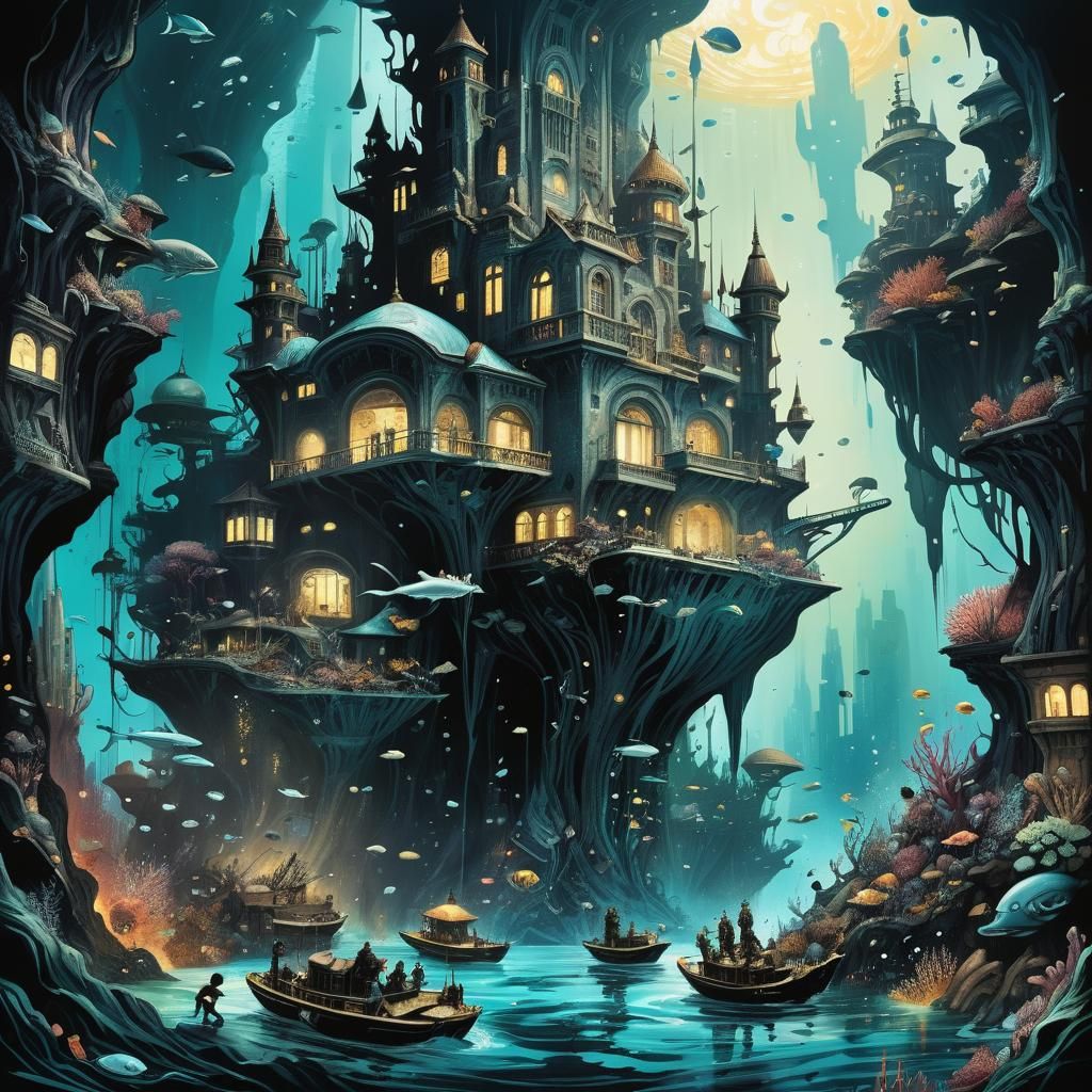 Dazzling Underwater City in Mixed Media Style
