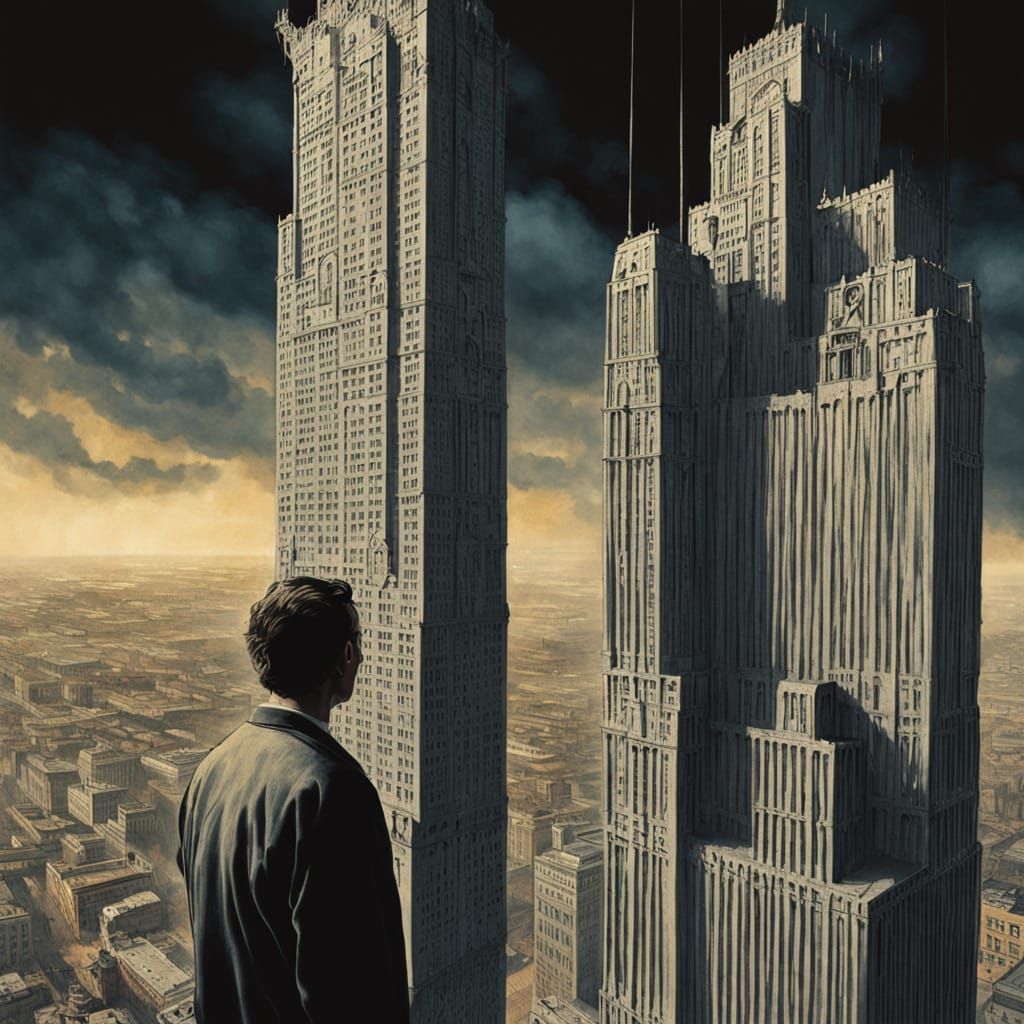 Surrealist Skyscraper Descent in Eerie, Dreamlike Atmosphere