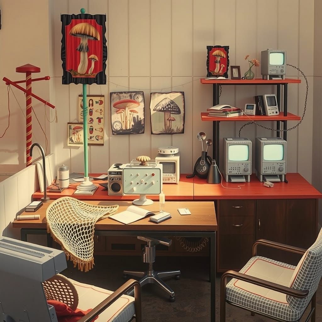 Surreal Bungalow with Mushroom Flags in Porcelain Style