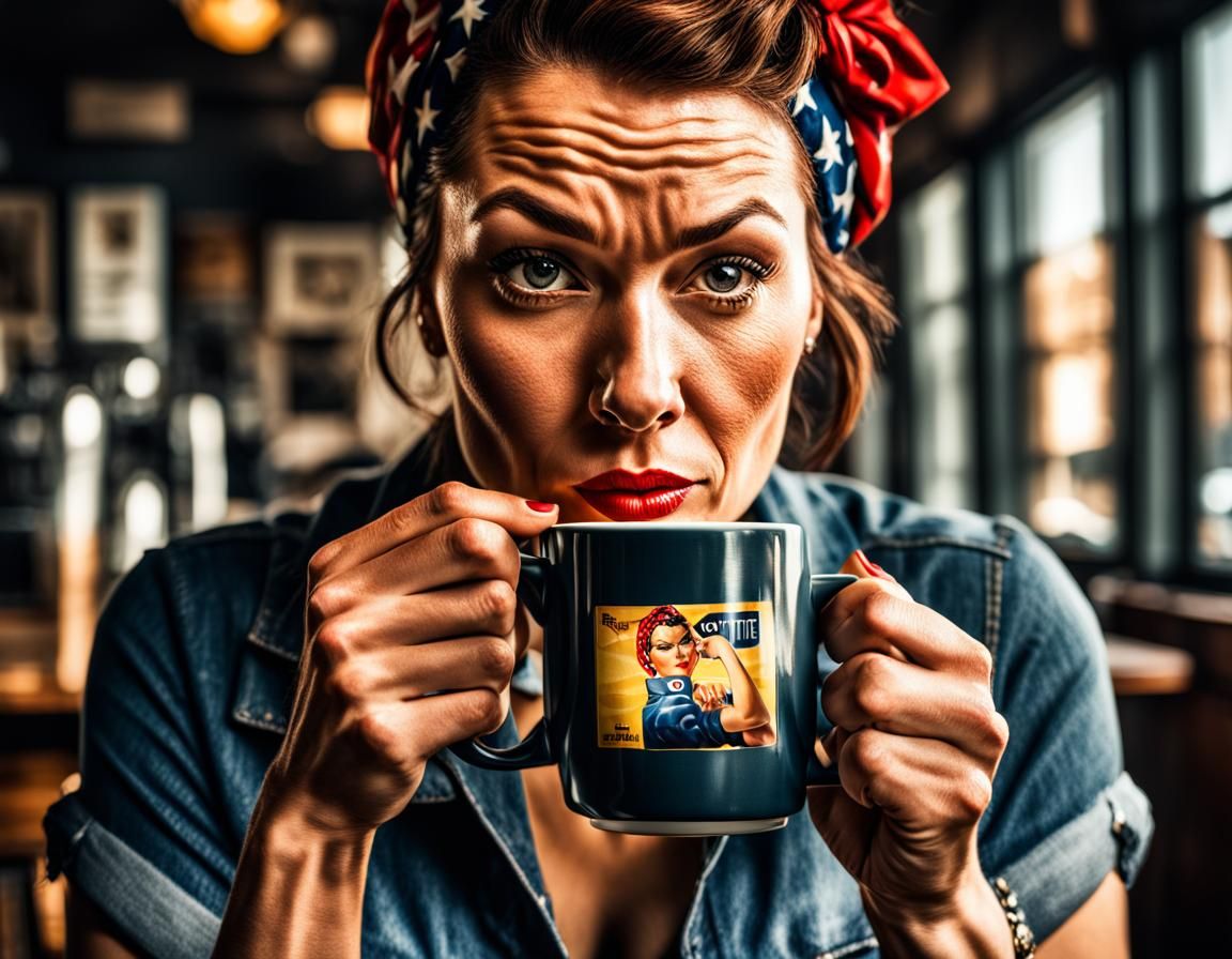 Woman with Rosie the Riveter Coffee Mug