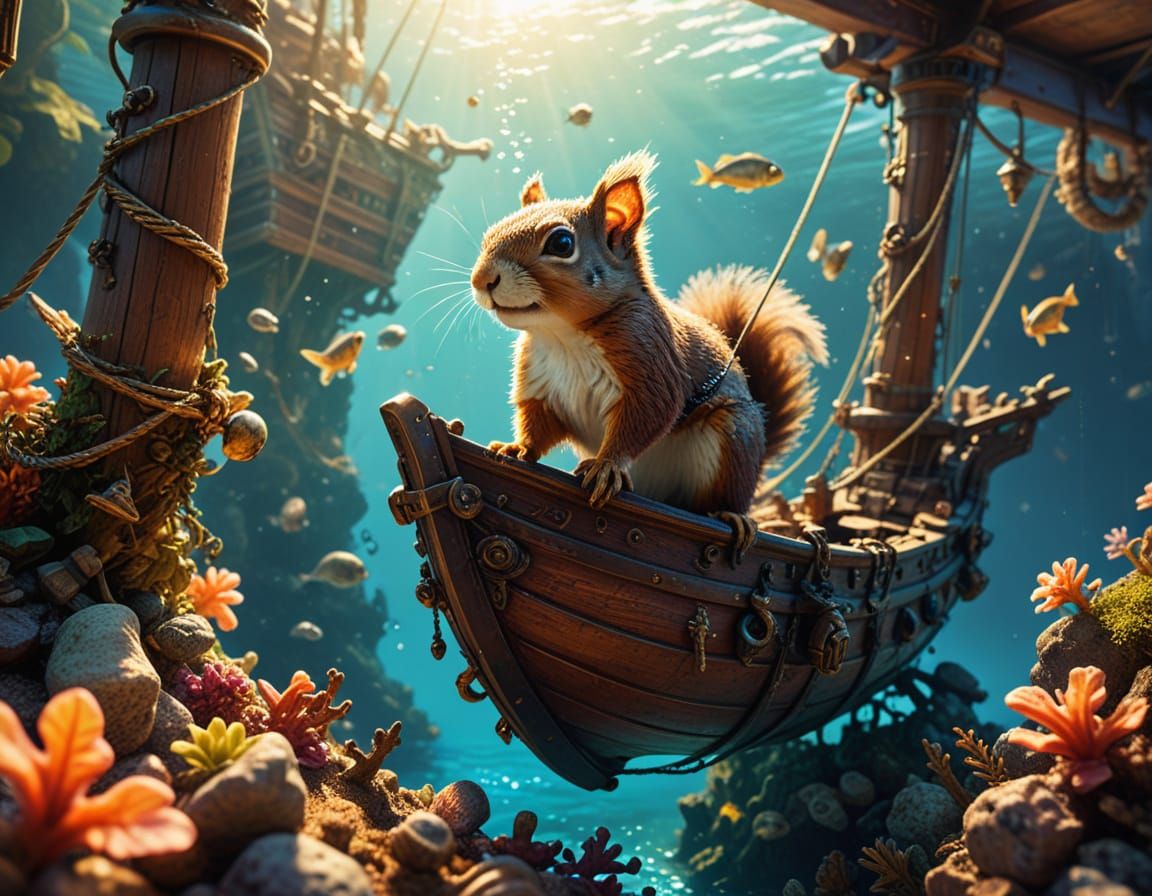 Miniature Pirate Squirrel Swings from Sunken Galleon